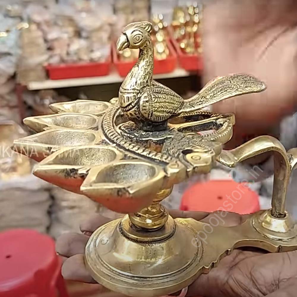 Brass Pancha Deepam with Peacock Brass Pancha Deepam with Peacock