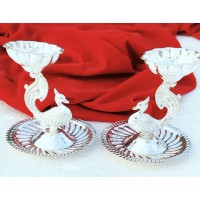 German Silver Peacock Diya With Attached Around plate ( Single Piece ) 