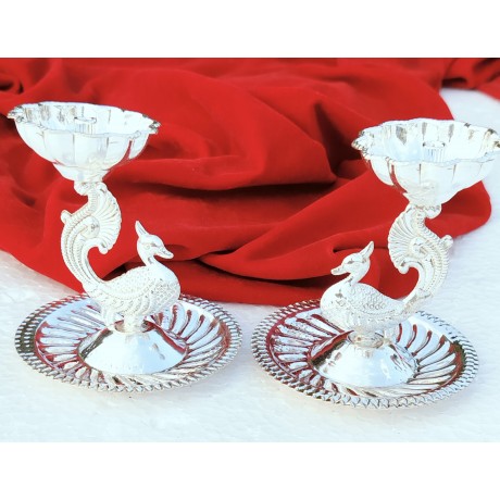 German Silver Peacock Diya With Attached Around plate