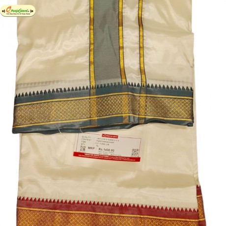  Cream Art Silk Dhoti with Red & Green Boarder