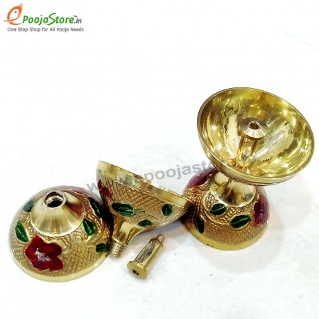 Pure Brass Diya, Oil Lamp Kuber Diya, Deepam, Deepak with Meenakari (Pack of 1)