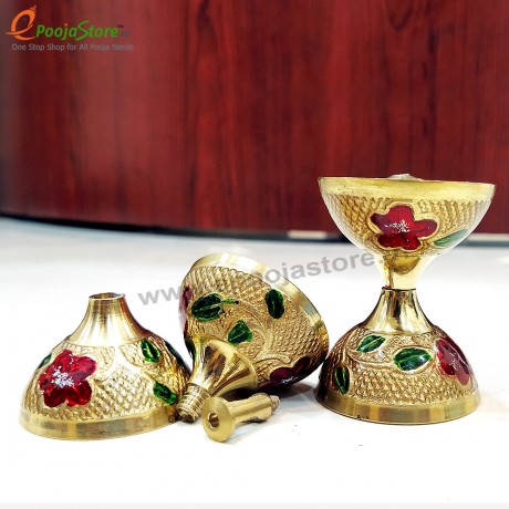 Pure Brass Diya, Oil Lamp Kuber Diya, Deepam, Deepak with Meenakari (Pack of 1)