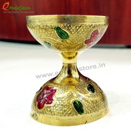 Pure Brass Diya, Oil Lamp Kuber Diya, Deepam, Deepak with Meenakari (Pack of 1)