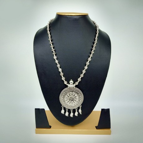 Antique Oxidized Silver Necklace with Round Pendant 