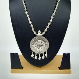 Antique Oxidized Silver Necklace with Round Pendant 