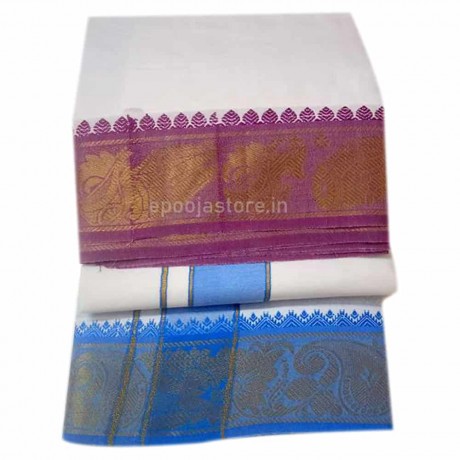 Dhoti Pink and  Blue Color Border (Rich Cotton Handlooms 9x5)