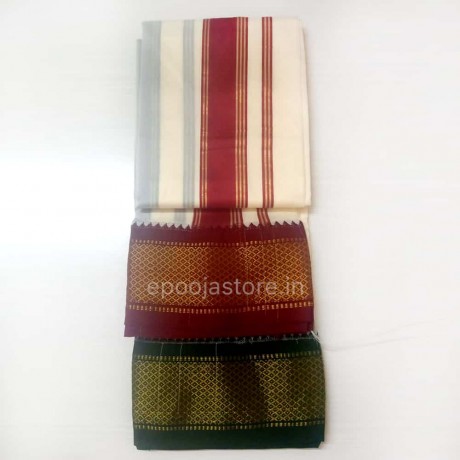 Pure Cotton Dhothi Cream Colour with Maroon & Green Border (2.5 Size)