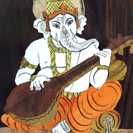 Ganesha with Veena (Rosewood Curved Painting)