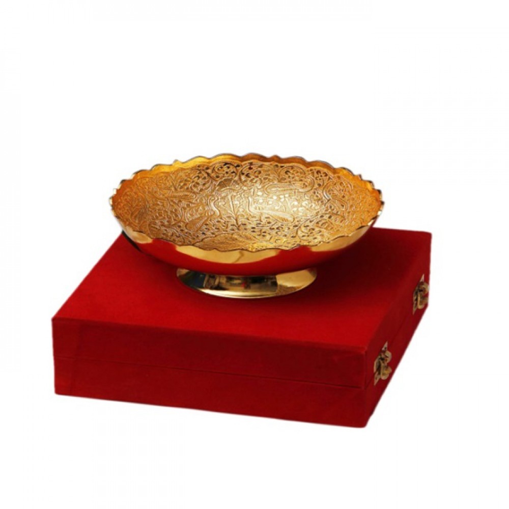 Gold Plated Brass Bowl Middle Peacock Carving 6" Diameter Gold Plated Brass Bowl Middle Peacock Carving 6" Diameter