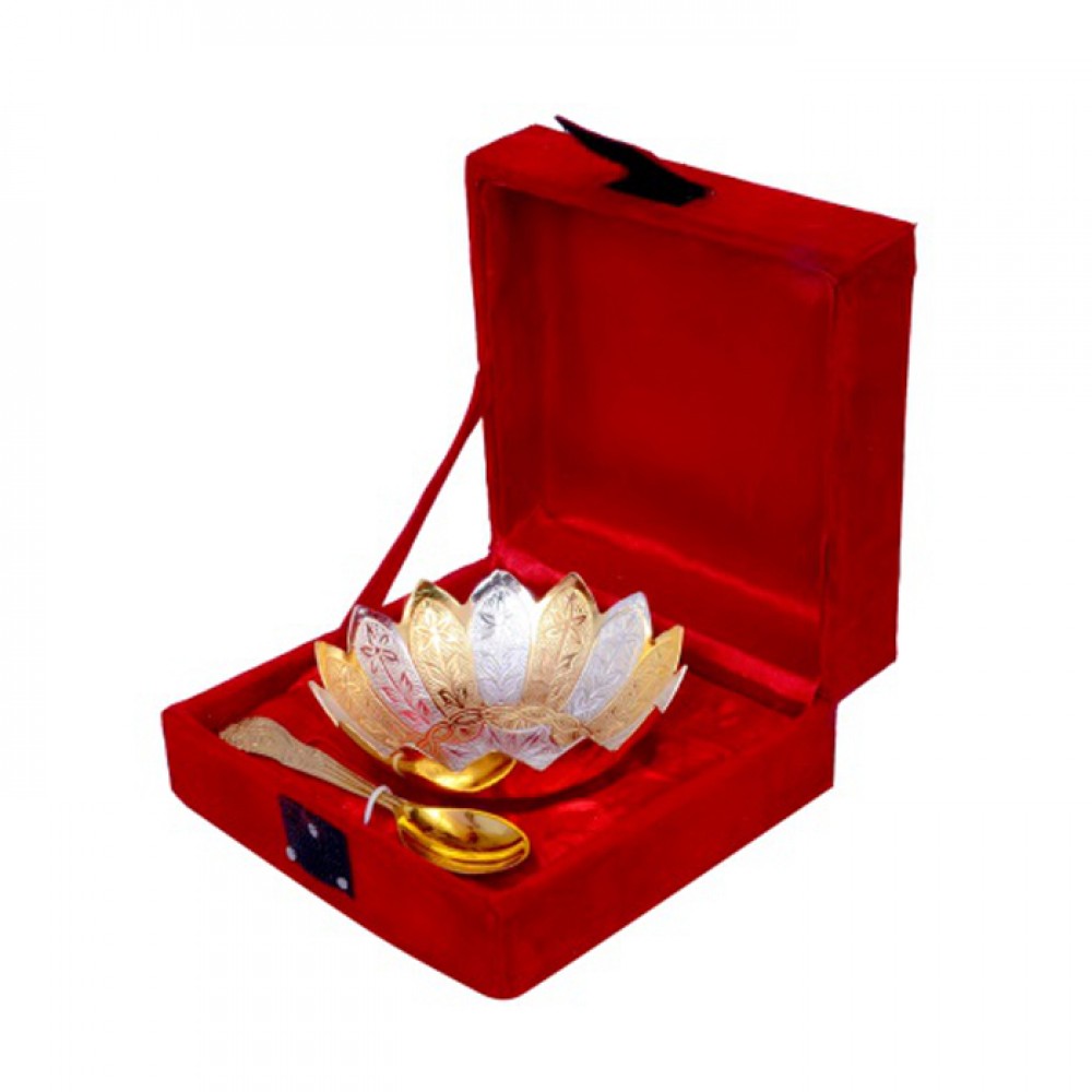 Gold & Silver Plated Brass Lotus Flower Shaped Bowl 4" Diameter with Spoon