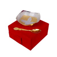 Handi craft Decorative Brass  Square Shaped Bowl with Spoon (4 Inch Diameter)