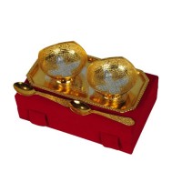 Silver Gold Plated Brass Bowl Set 5 Pcs. (Bowls 3.5" Diameter & Tray 9.5" x 5.5")
