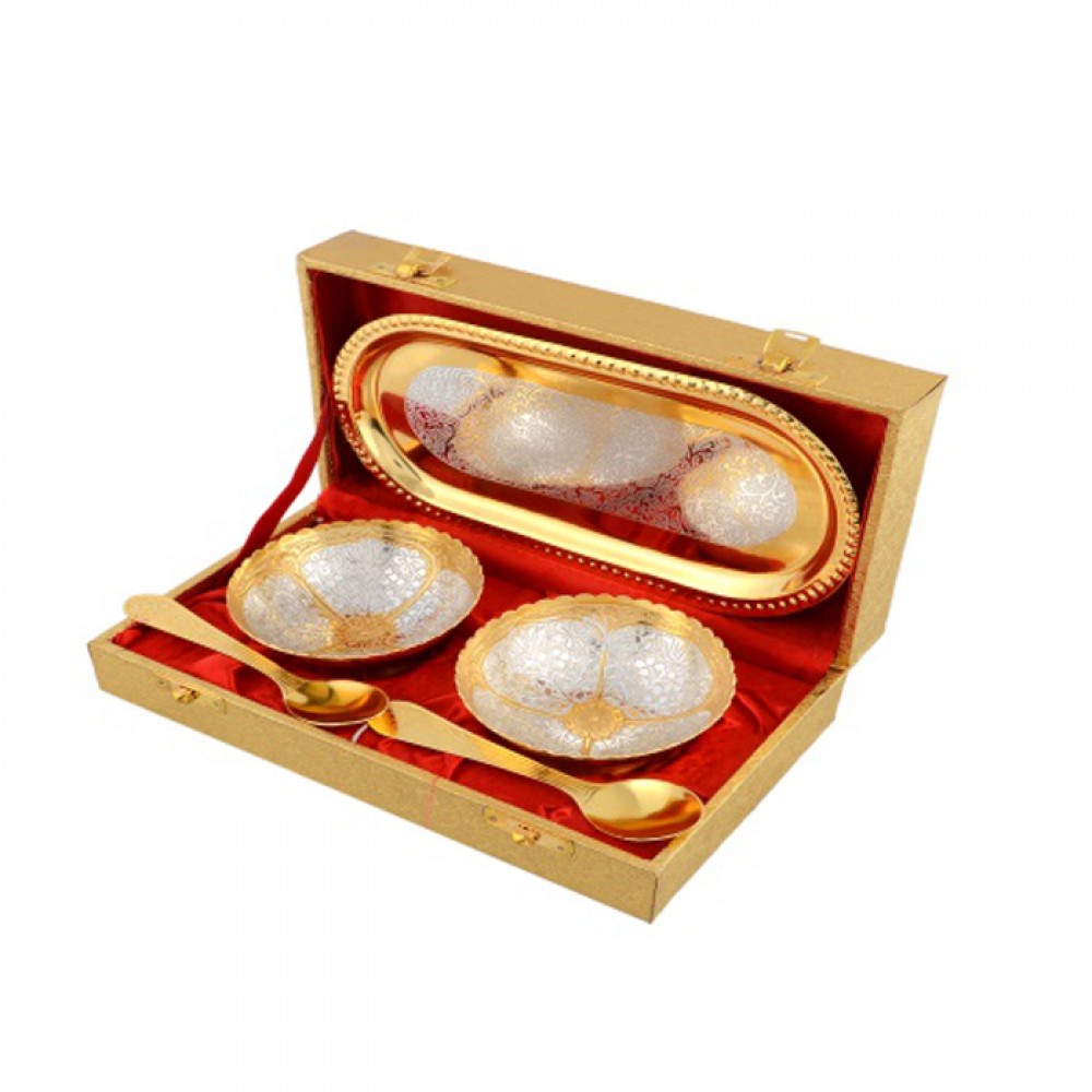 Gold & Silver  Plated Brass Bowl Set 5 Pcs. (Bowl 3.5" Diameter & Tray 8"x 4.5")