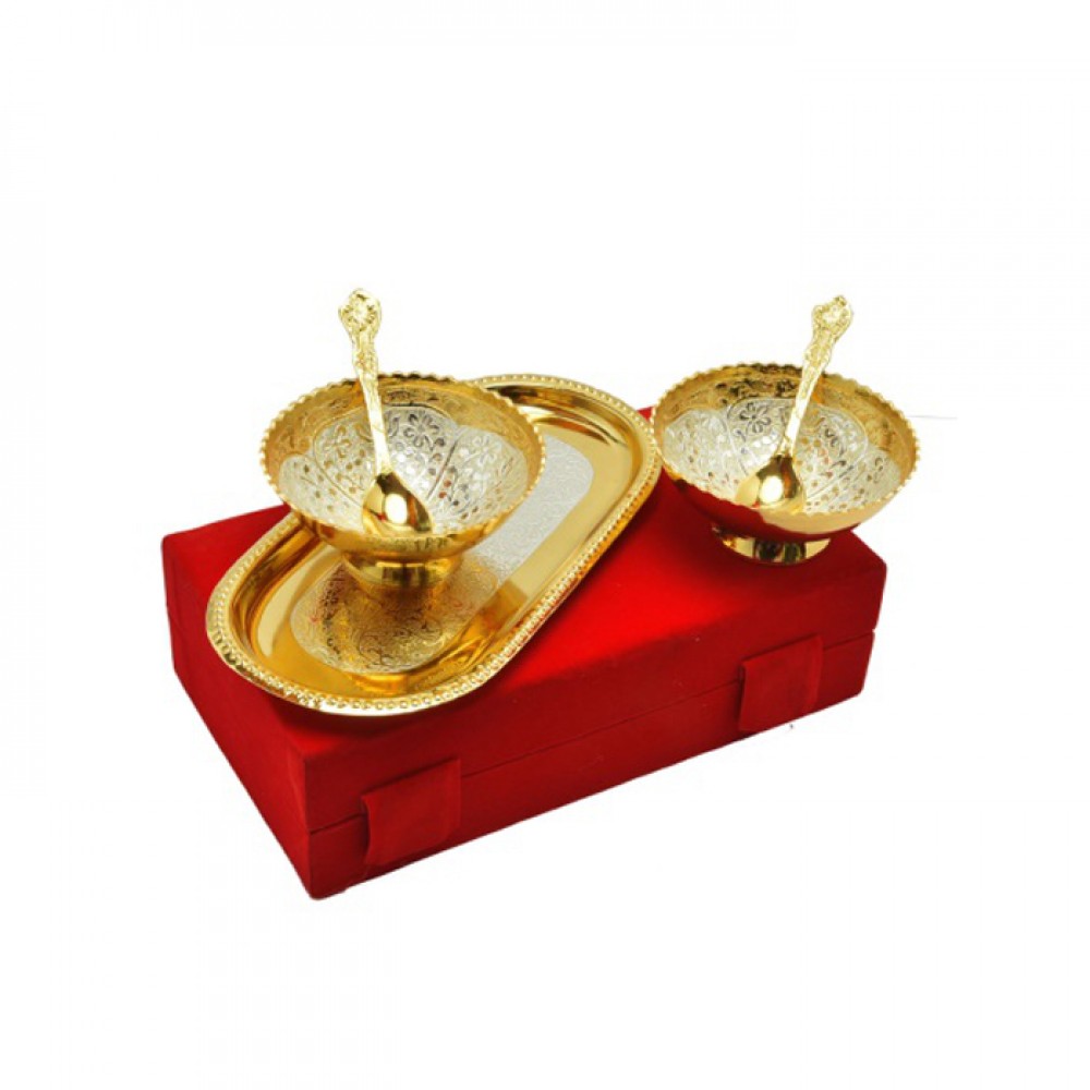 Silver Gold Plated Brass Bowl Set 5 Pcs. (Bowl 3.5" Diameter Tray 8"x 4.5") Silver Gold Plated Brass Bowl Set 5 Pcs. (Bowl 3.5" Diameter Tray 8"x 4.5")