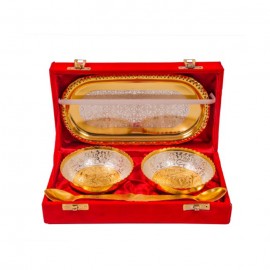 Silver & Gold Plated Brass Bowl Set 5 Pcs. (Bowl 4" Diameter & Tray 8"x 4.5")