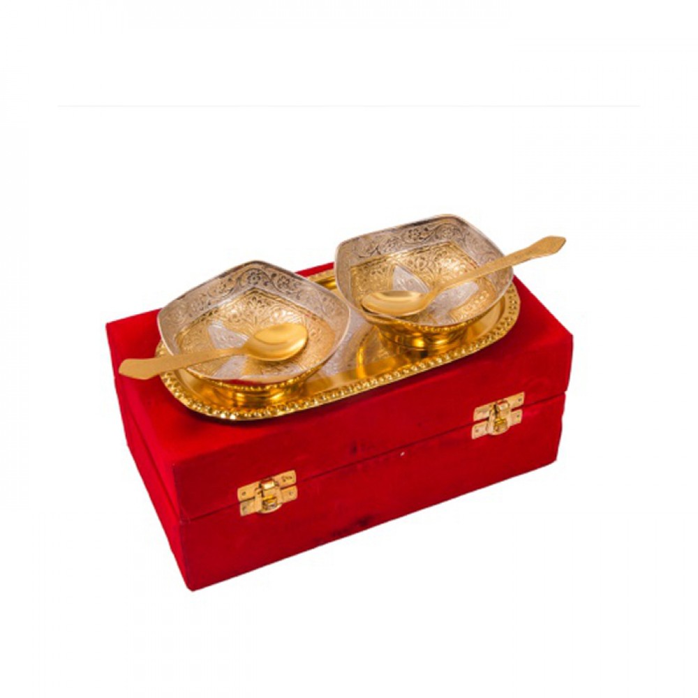 Gold & Silver Plated Bowl Brass Set 5 Pcs. (Bowl 4" Diameter & Tray 8"x 4.5") Gold & Silver Plated Bowl Brass Set 5 Pcs. (Bowl 4" Diameter & Tray 8"x 4.5")