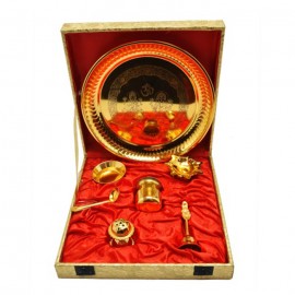 Gold Plated Steel Pooja Thali 11.5" Diameter with Brass Bell 