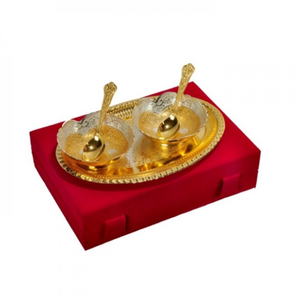 Silver & Gold Plated Brass Bowl Set 5 Pcs. (Bowls 4" Diameter & Tray 10" x 8") Silver & Gold Plated Brass Bowl Set 5 Pcs. (Bowls 4" Diameter & Tray 10" x 8")