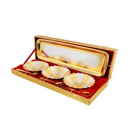 Silver & Gold Plated Flower Shape Brass Bowl Set 7 Pcs. (Bowls 4'' Diameter & Tray 13" x 5.5")