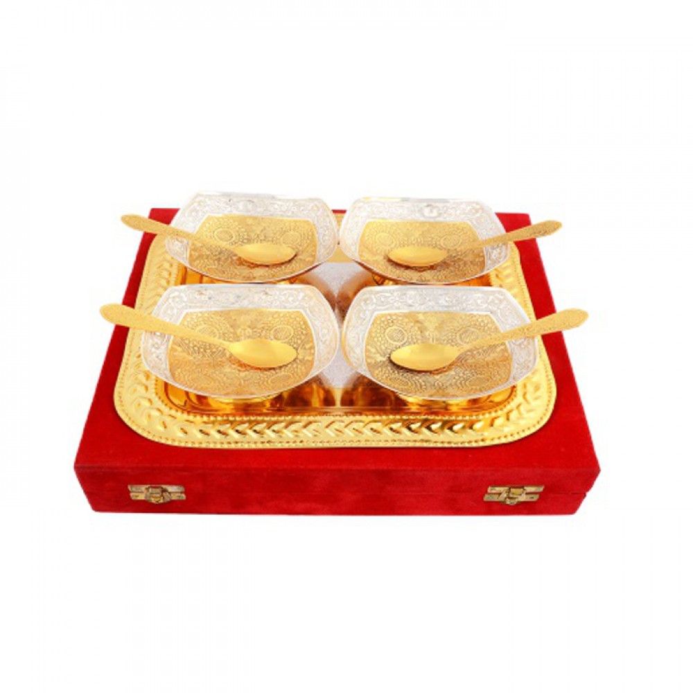 Silver & Gold Plated Brass Bowl Set 9 Pcs. (Bowl 4.75" & Tray 10" x 10") Silver & Gold Plated Brass Bowl Set 9 Pcs. (Bowl 4.75" & Tray 10" x 10")