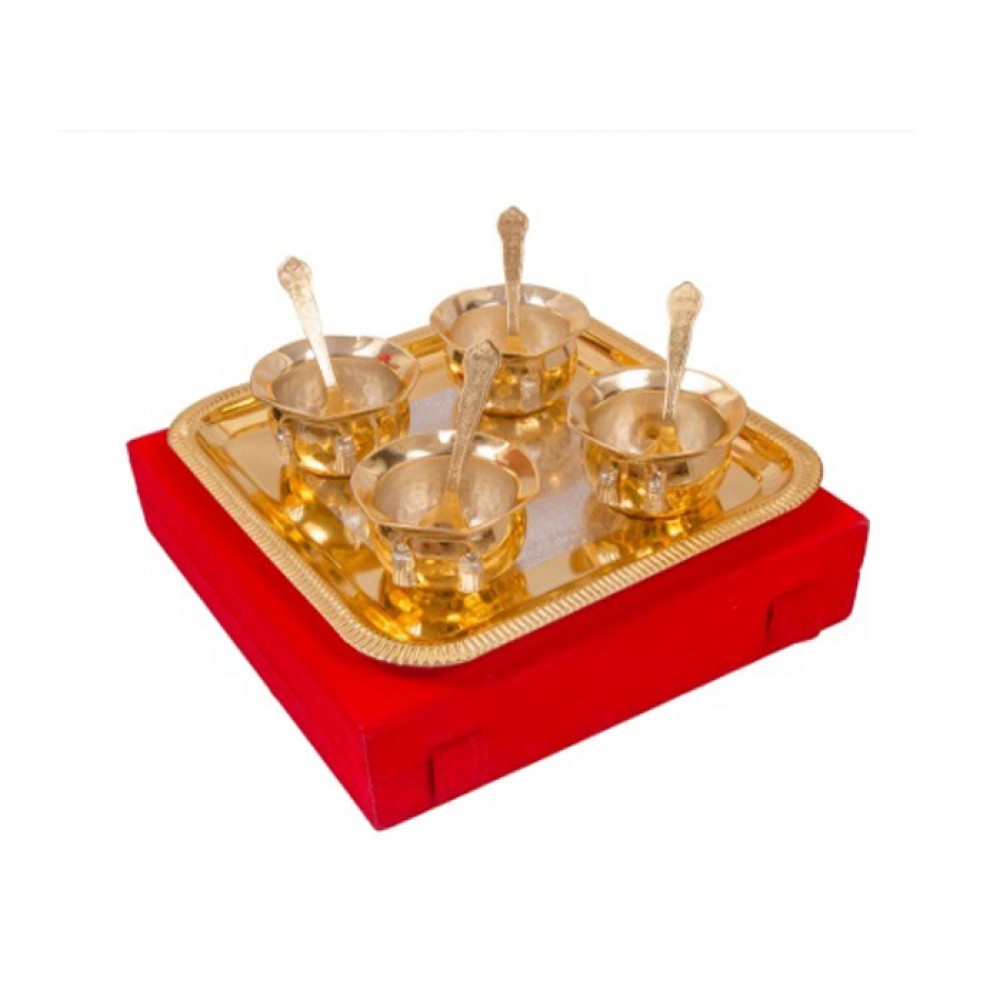Silver & Gold Plated Brass Handi Set 9 Pcs. ( Handi 3.5" Diameter & Tray 8.75" x 8.75") Silver & Gold Plated Brass Handi Set 9 Pcs. ( Handi 3.5" Diameter & Tray 8.75" x 8.75")
