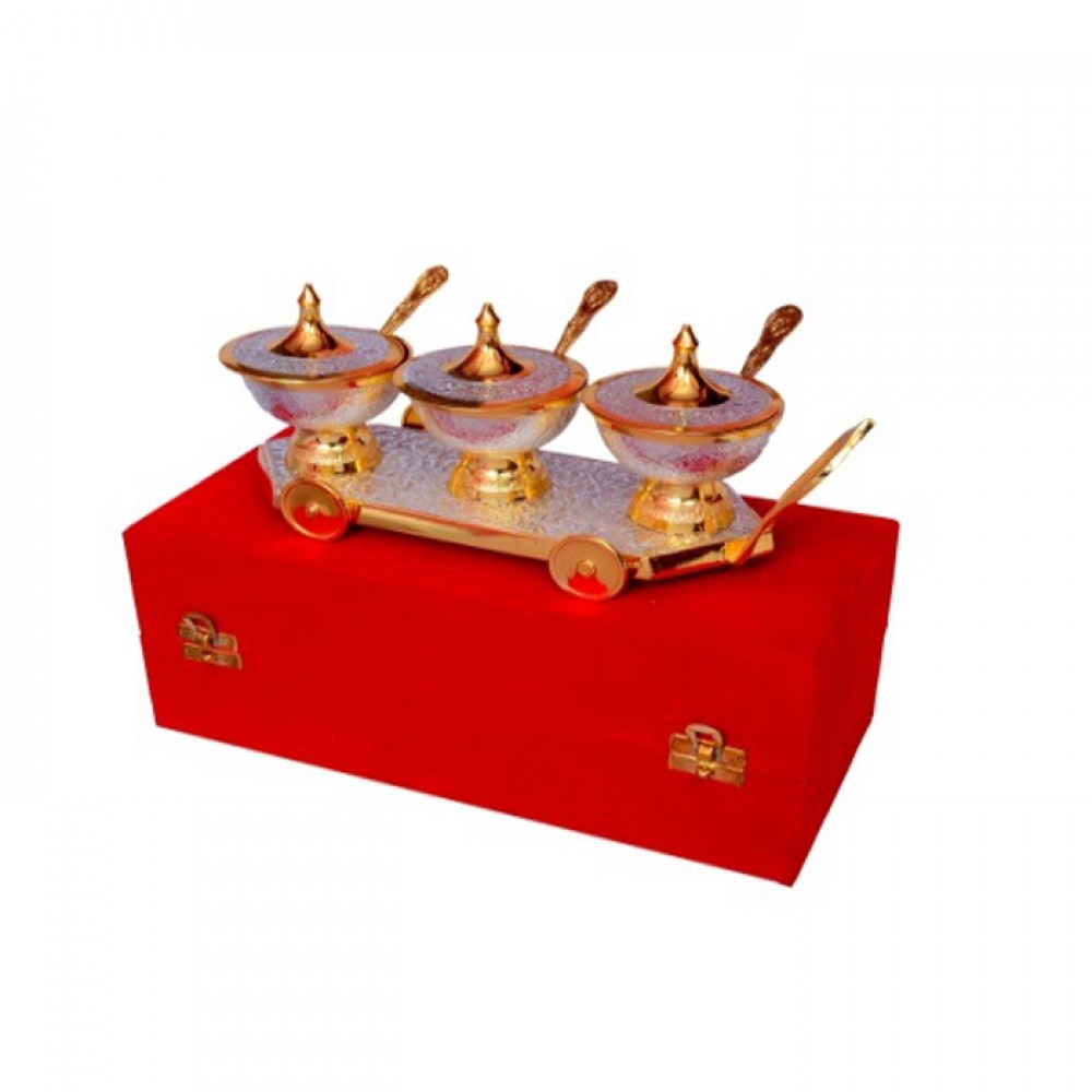 Silver & Gold Plated Brass Trolley Mouthfreshner Set ( 11" x 4") Bowl 3" Diameter Silver & Gold Plated Brass Trolley Mouthfreshner Set ( 11" x 4") Bowl 3" Diameter