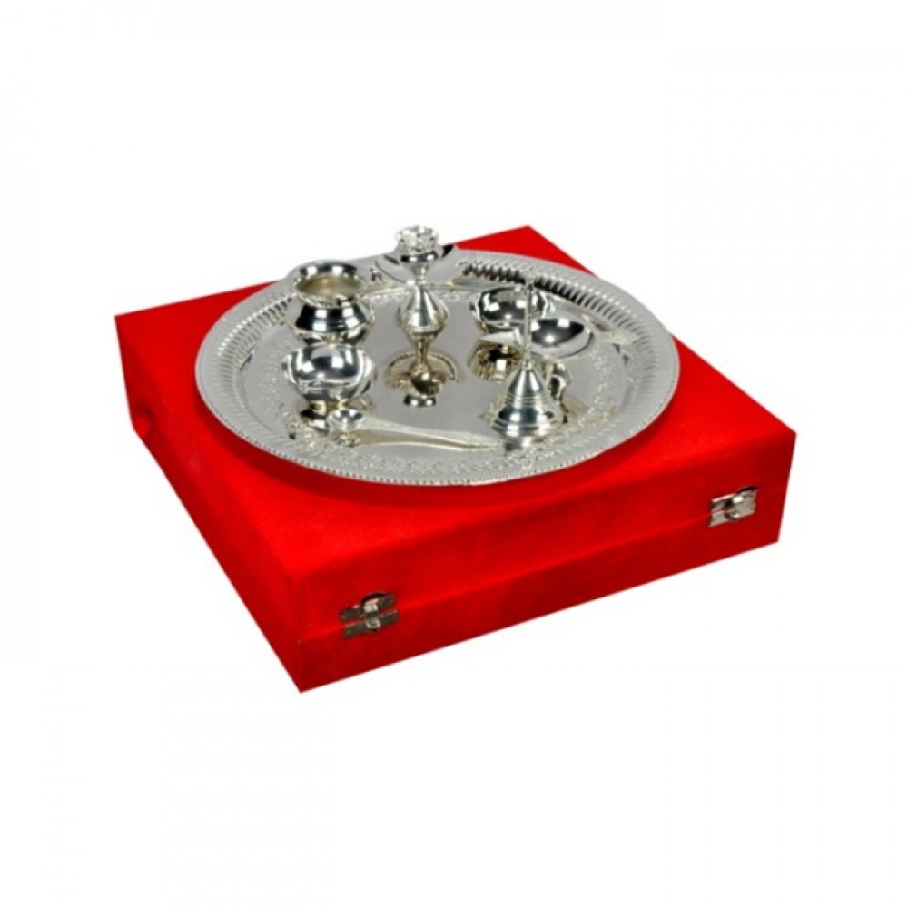 Silver Plated Steel Pooja Thali 11.5" Diameter With Brass Bell Silver Plated Steel Pooja Thali 11.5" Diameter With Brass Bell